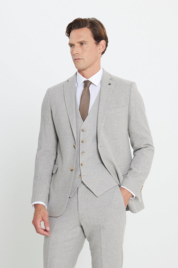 Yünlü Slim Fit Dar Kesim Mono Yaka Diagonal Desenli Kapak Cepli Yelekli Bej Yelekli Takım Elbise - 1