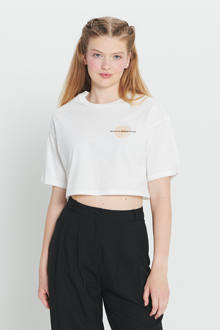 %100 Pamuk Oversize Fit Bol Kesim Baskılı Bisiklet Yaka Ekru Tişört -1