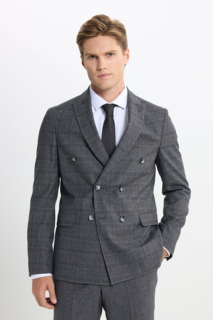 Slim Fit Dar Kesim Kırlangıç Yaka Kareli Kapak Cepli Esnek Antrasit Takım Elbise -1
