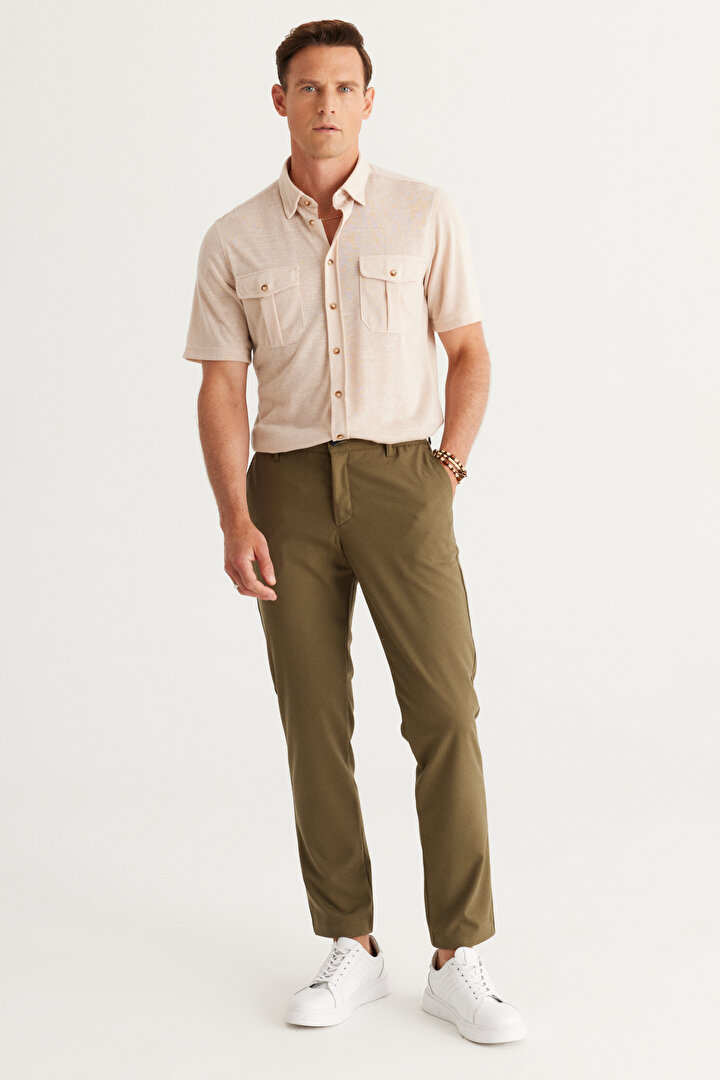 Slim Fit Dar Kesim Esnek Haki Pantolon - 1