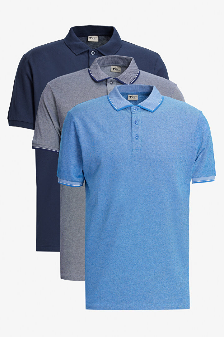 Çekmeyen Pamuklu Kumaş Slim Fit Dar Kesim Kıvrılmaz Polo Yaka 3'lü Açik Laci-Saks-Lacivert Tişört -1