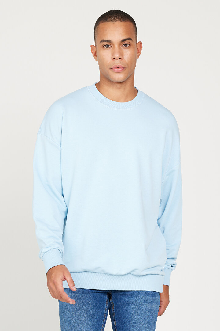 Oversize Bol Kesim 3 İplik Bisiklet Yaka Pamuklu Açık Mavi Sweatshirt -1