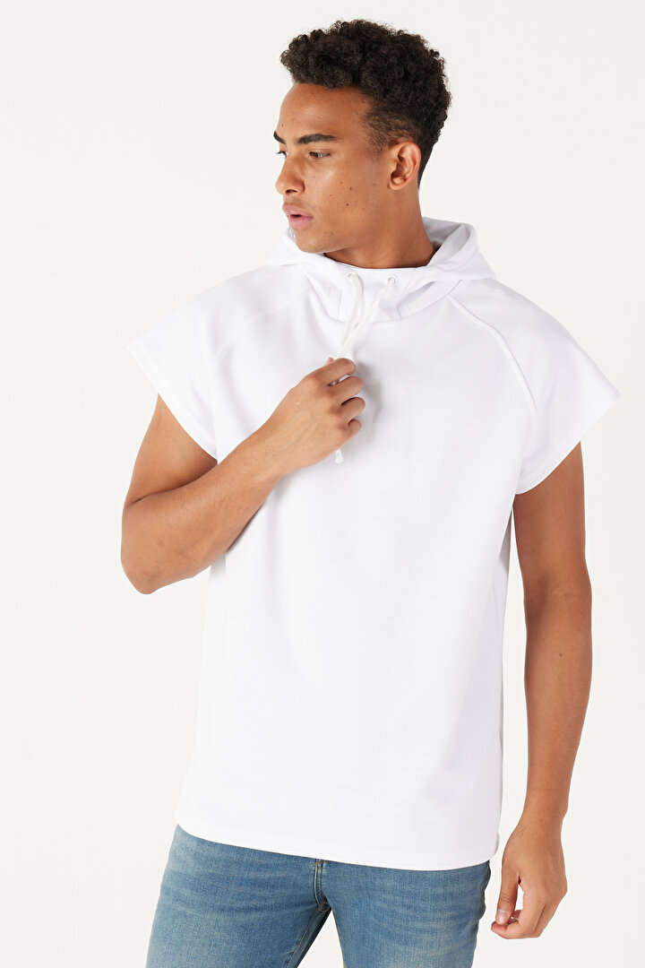 Long Fit Kapüşonlu Kolsuz Beyaz Sweatshirt - 1