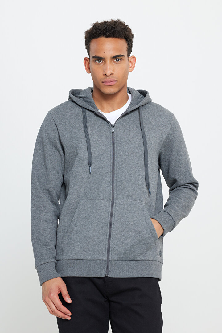 Standart Fit Normal Kesim İçi Polarlı 3 İplik Kapüşonlu Fermuarlı Antrasit-Melanj Sweatshirt Ceket -1