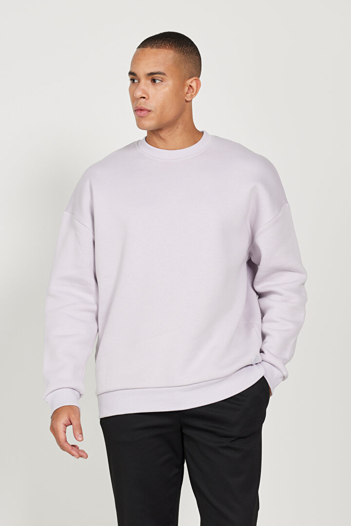 Oversize Bol Kesim İçi Polarlı 3 İplik Bisiklet Yaka Pamuklu Lila Sweatshirt -1
