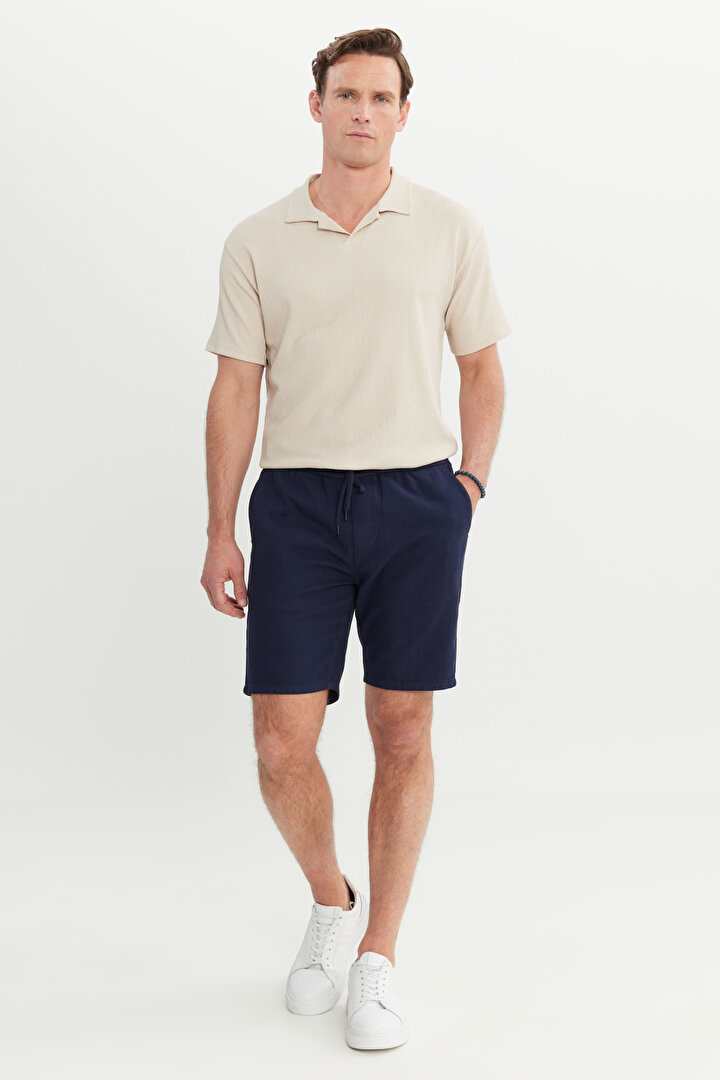 %100 Pamuk Comfort Fit Beli Bağlamalı Flamlı Yan Cep Lacivert Şort -1