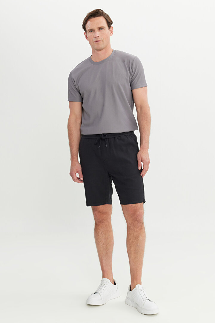 %100 Pamuk Comfort Fit Beli Bağlamalı Flamlı Yan Cep Siyah Şort -1