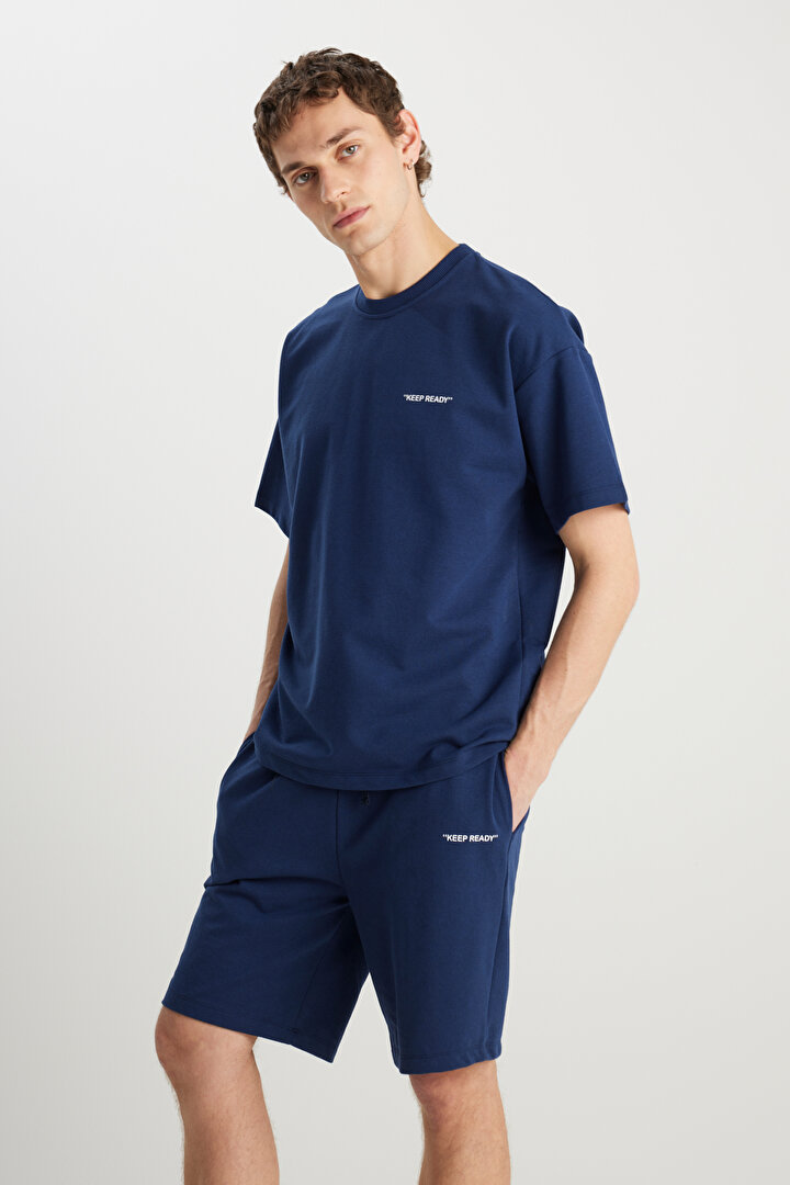 Pamuklu Comfort Fit Rahat Kesim Baskılı Beli Bağlamalı Yan Cep Lacivert Eşofman Takımı -1