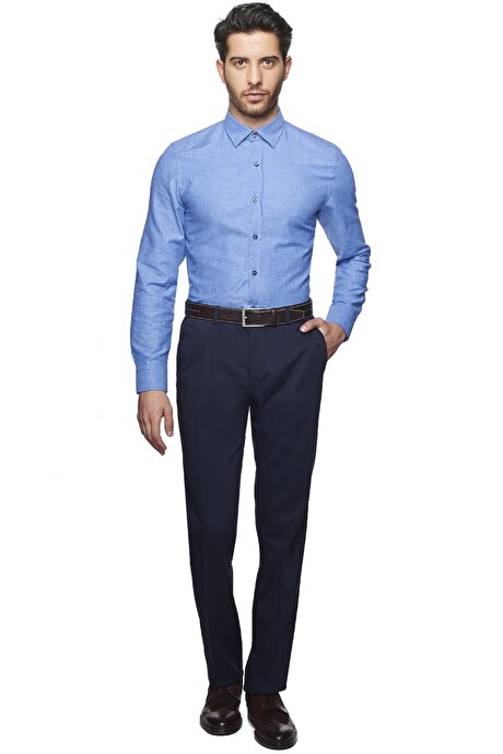 Slim Fit Dar Kesim %100 Pamuk Ütü Gerektirmeyen Non-Iron Lacivert Pantolon resmi