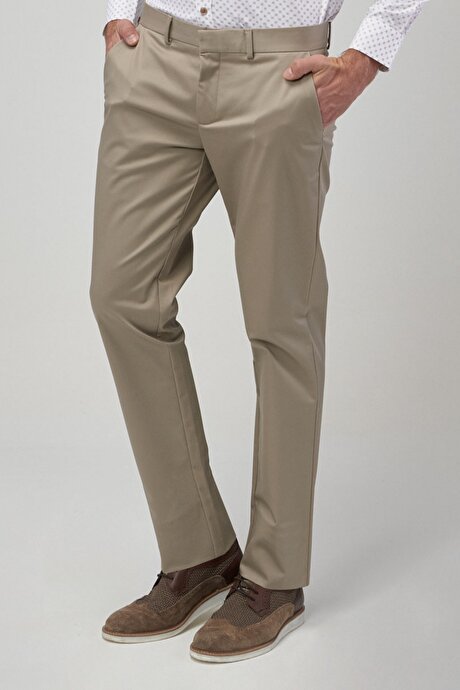 Ütü Gerektirmeyen Non-Iron Slim Fit Dar Kesim Pamuklu Esnek Bej Pantolon resmi