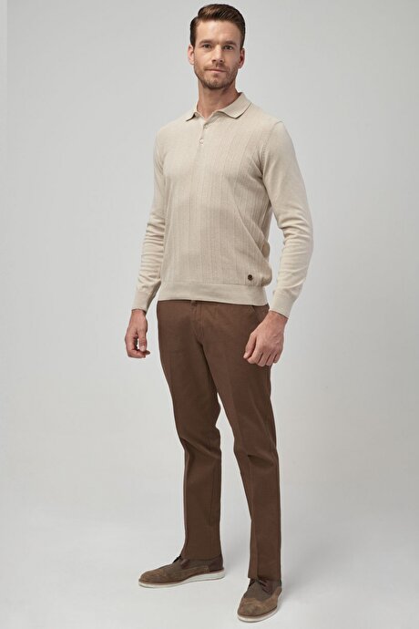 Slim Fit Dar Kesim Armürlü Camel Pantolon resmi