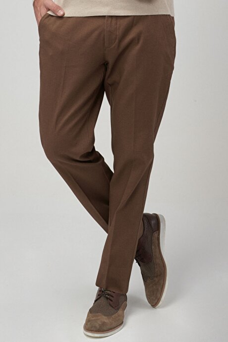 Slim Fit Dar Kesim Armürlü Camel Pantolon resmi
