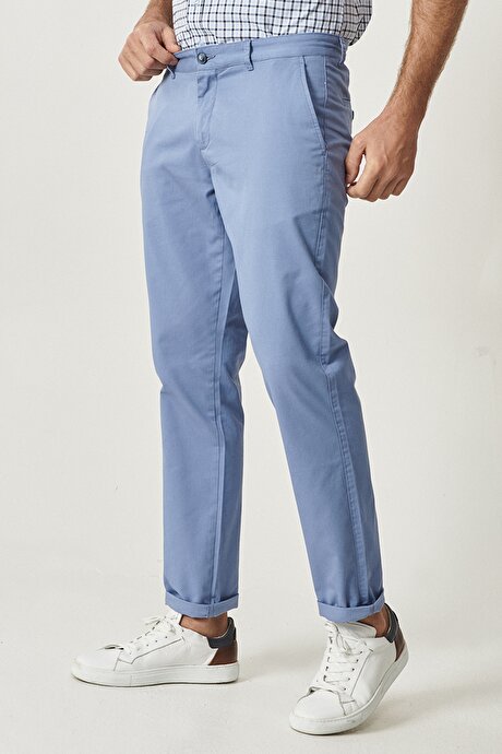 Slim Fit Dar Kesim %100 Pamuk Kanvas Mavi Chino Pantolon resmi