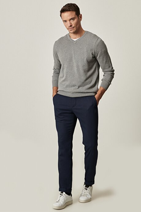Slim Fit Dar Kesim Beli Bağlamalı Rahat Esnek Lacivert Pantolon resmi