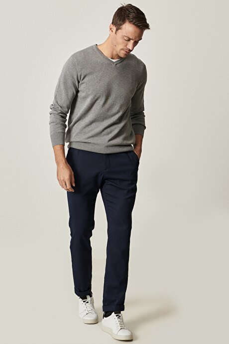 Slim Fit Dar Kesim Beli Bağlamalı Rahat Esnek Lacivert Pantolon resmi