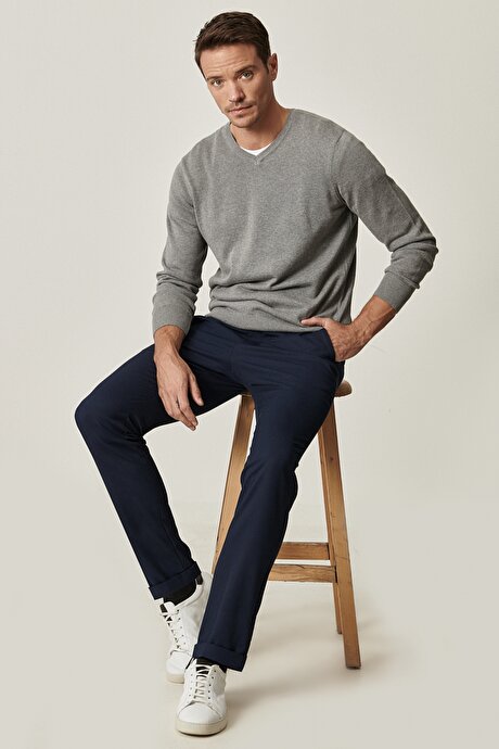 Slim Fit Dar Kesim Beli Bağlamalı Rahat Esnek Lacivert Pantolon resmi