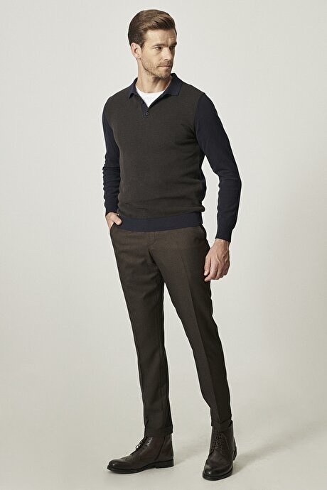Slim Fit Dar Kesim Beli Lasitkli Kazayağı Desenli Siyah-Kahverengi Pantolon resmi