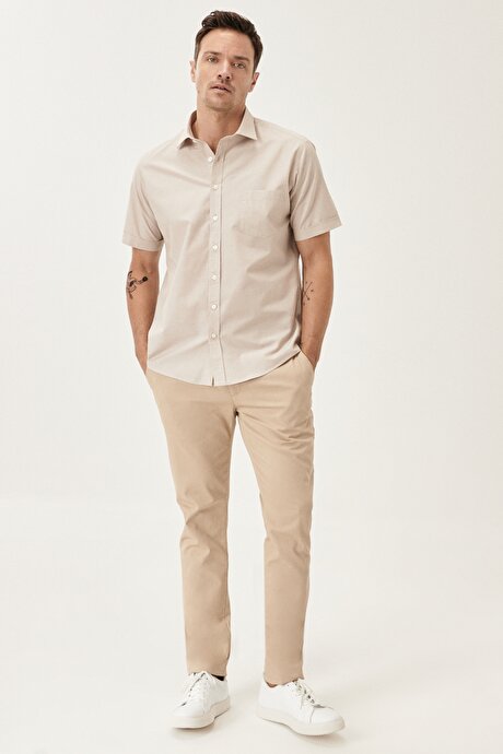 Slim Fit Dar Kesim Armürlü Esnek Bej Chino Pantolon resmi
