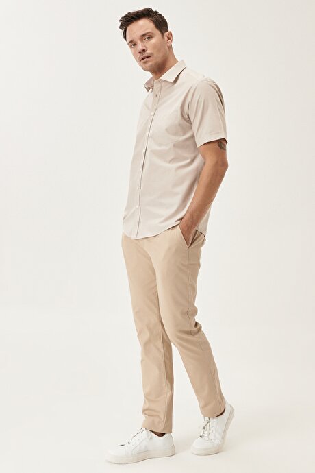 Slim Fit Dar Kesim Armürlü Esnek Bej Chino Pantolon resmi