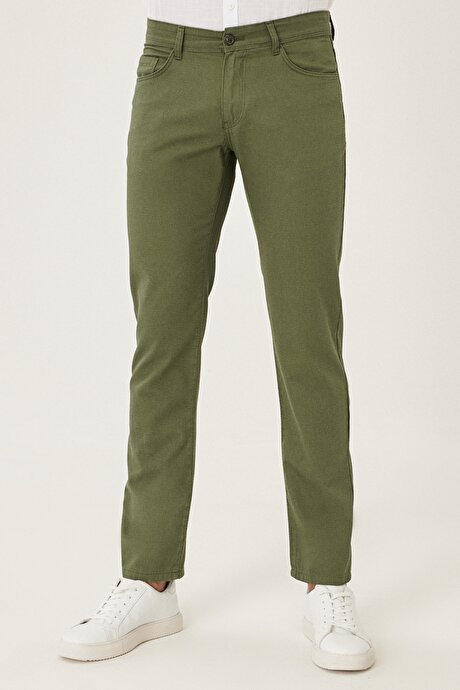 Slim Fit Dar Kesim %100 Pamuk Armürlü 5 Cep Haki Chino Pantolon resmi