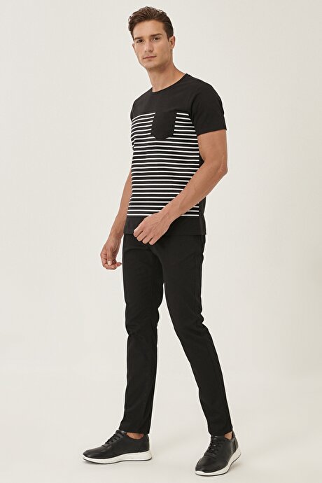 Slim Fit Dar Kesim %100 Pamuk Armürlü 5 Cep Siyah Chino Pantolon resmi