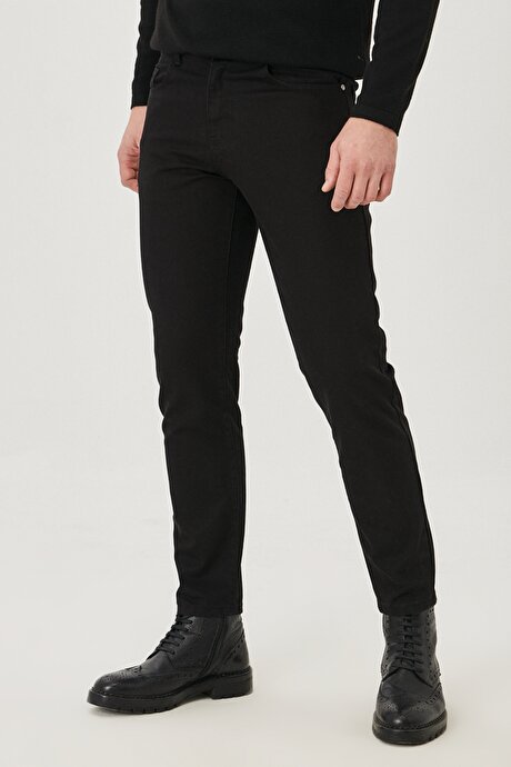 Slim Fit Dar Kesim 5 Cep Diyagonal Desenli Pamuklu Esnek Siyah Chino Pantolon resmi
