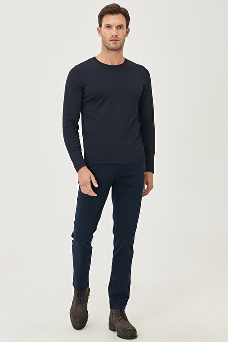 Slim Fit Armürlü Yan Cepli Pamuklu Lacivert Chino Pantolon resmi