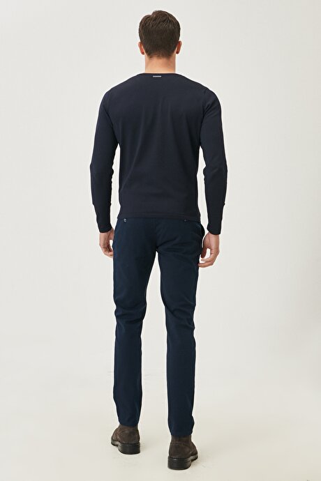 Slim Fit Armürlü Yan Cepli Pamuklu Lacivert Chino Pantolon resmi