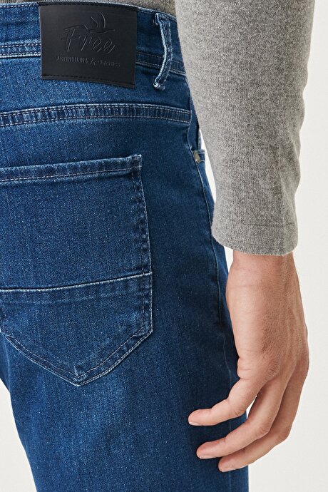 Slim Fit Dar Kesim 5 Cepli Esnek Jean Kot İndigo Denim Pantolon resmi