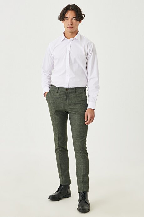 Slim Fit Dar Kesim Beli Lastikli Ekose Desenli Haki Pantolon resmi