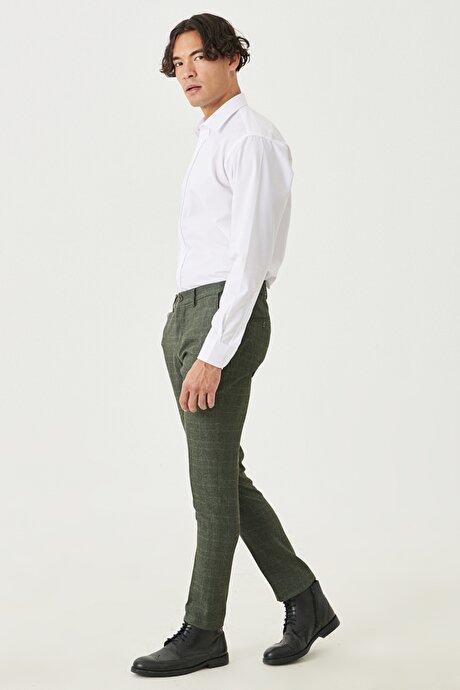 Slim Fit Dar Kesim Beli Lastikli Ekose Desenli Haki Pantolon resmi