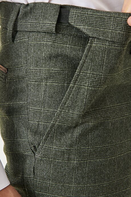 Slim Fit Dar Kesim Beli Lastikli Ekose Desenli Haki Pantolon resmi