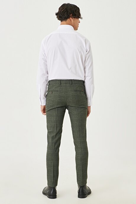 Slim Fit Dar Kesim Beli Lastikli Ekose Desenli Haki Pantolon resmi
