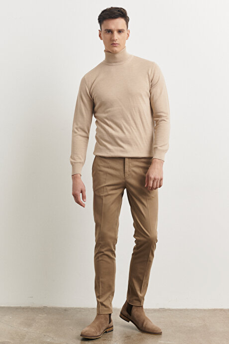Slim Fit Dar Kesim Yan Cepli Pamuklu Camel Pantolon resmi