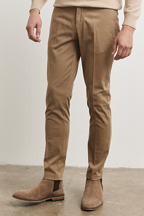 Slim Fit Dar Kesim Yan Cepli Pamuklu Camel Pantolon resmi