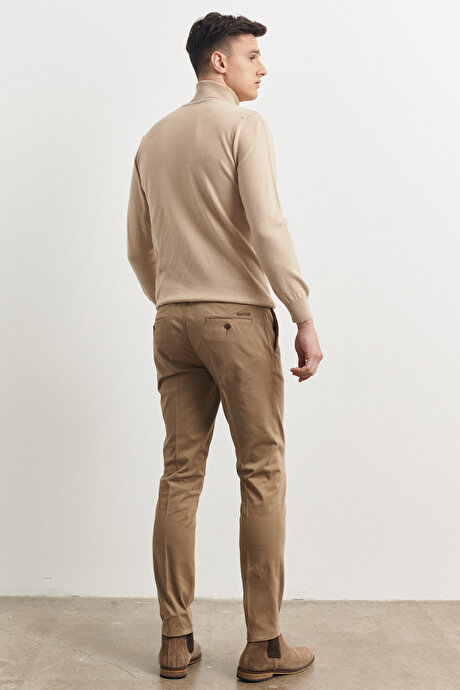 Slim Fit Dar Kesim Yan Cepli Pamuklu Camel Pantolon resmi