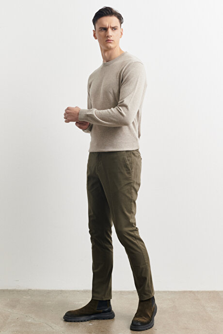 Slim Fit Dar Kesim Yan Cepli Pamuklu Haki Pantolon resmi
