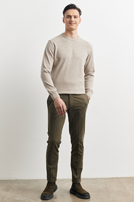 Slim Fit Dar Kesim Yan Cepli Pamuklu Haki Pantolon resmi