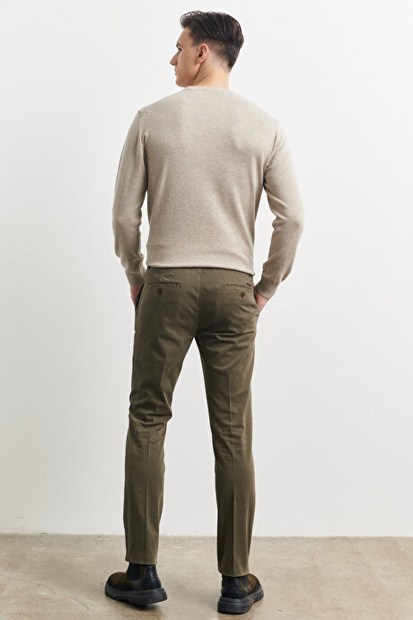 Slim Fit Dar Kesim Yan Cepli Pamuklu Haki Pantolon resmi