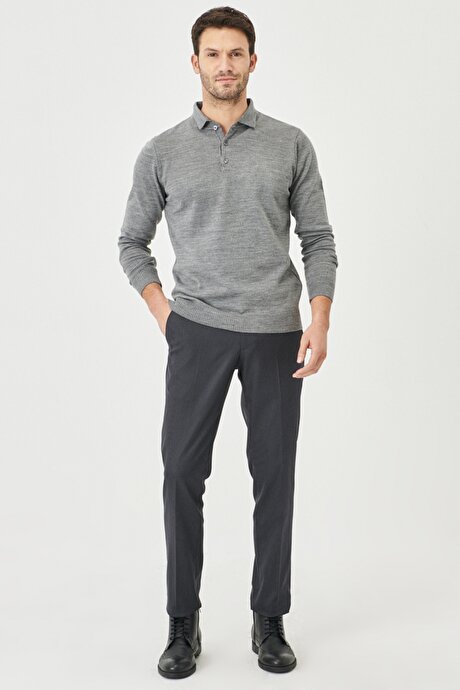 Slim Fit Dar Kesim Beli Lastikli Çizgili Yan Cep Siyah Pantolon resmi