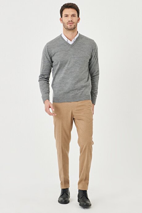 Slim Fit Dar Kesim Beli Lastikli Yan Cep Camel Pantolon resmi
