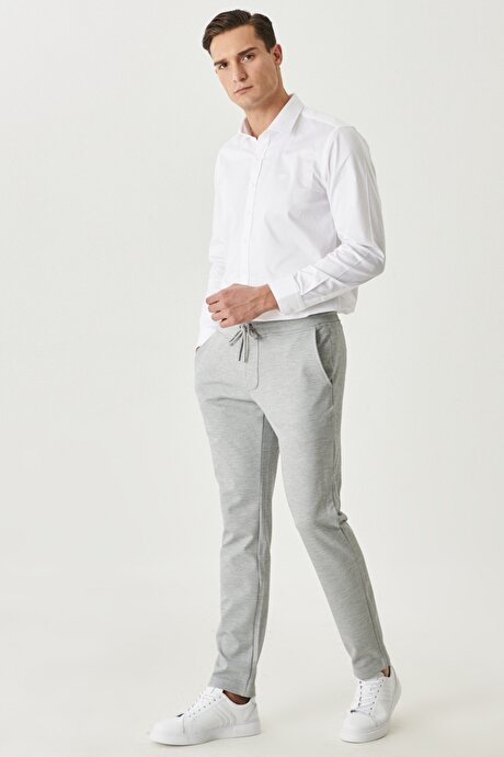 Slim Fit Dar Kesim Beli Bağlamalı Yan Cep Gri Melanj Pantolon resmi