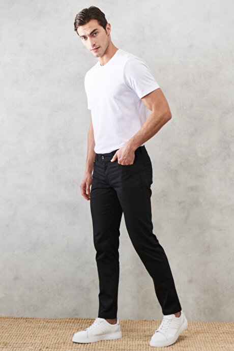 Slim Fit Dar Kesim 5 Cep Esnek Armürlü Siyah Chino Pantolon resmi