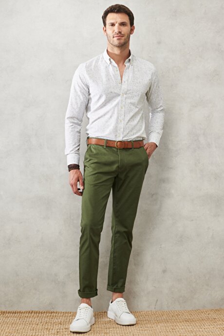 Slim Fit Dar Kesim Yan Cepli Esnek Armürlü Haki Chino Pantolon resmi