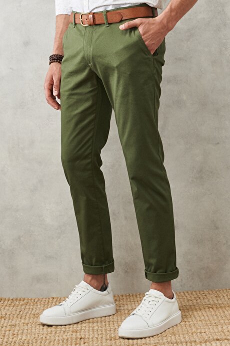 Slim Fit Dar Kesim Yan Cepli Esnek Armürlü Haki Chino Pantolon resmi