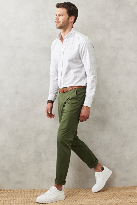 Slim Fit Dar Kesim Yan Cepli Esnek Armürlü Haki Chino Pantolon resmi