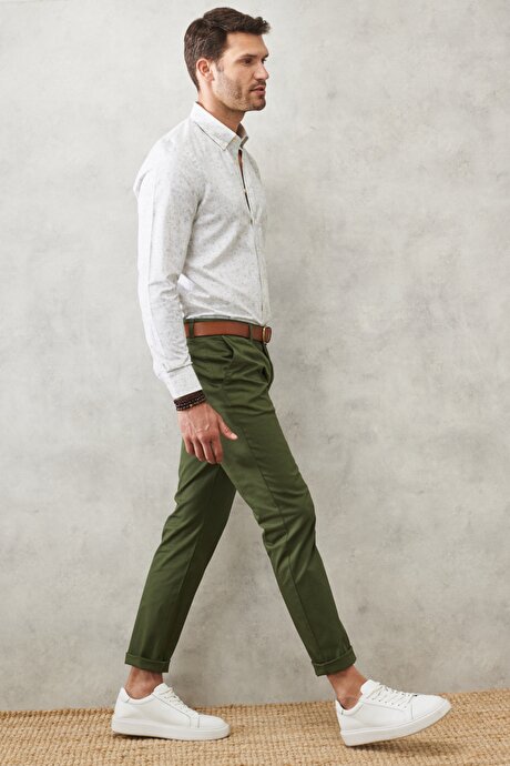Slim Fit Dar Kesim Yan Cepli Esnek Armürlü Haki Chino Pantolon resmi