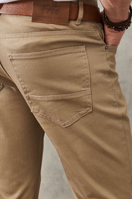 Slim Fit Dar Kesim Armürlü Esnek 5 Cepli Casual Bej Pantolon resmi