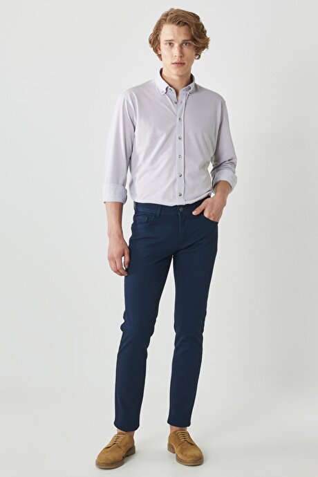Slim Fit Dar Kesim Armürlü Esnek 5 Cepli Casual Lacivert Pantolon resmi