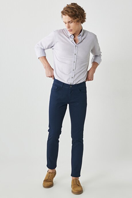 Slim Fit Dar Kesim Armürlü Esnek 5 Cepli Casual Lacivert Pantolon resmi